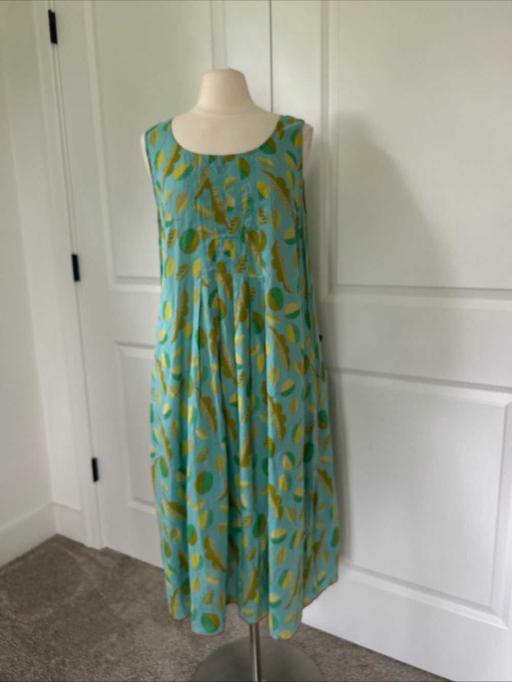 GUDRUN SJODEN size L Aqua Leaf Print Midi Cotton Voile Dress Pockets